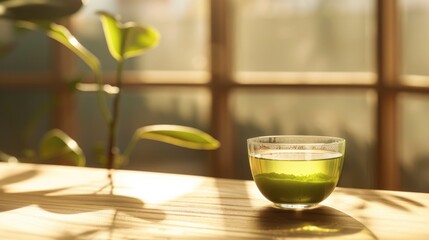 A glass of green tea placed on a table