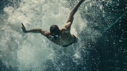 A man swims underwater in a pool