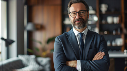 Middle aged Caucasian male lawyer's face with a beard and wearing glasses smiling with his arms crossed with his office behind him.