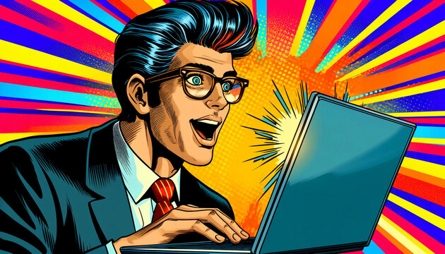 A dynamic retro comic book style illustration depicting a man looking at a laptop screen with an expression of sheer joy and amazement wallpaper background