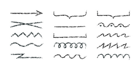 Hand-drawn doodle black lines with grunge pencil texture. Charcoal scribbles or freehand stripes. Crayon paint shapes. Sketchy brushes bar lines.