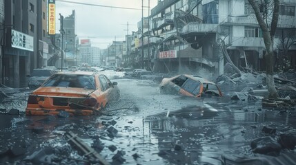 Obraz premium City destroyed by Tsunami waves in a disaster, with flooded streets, cars carried by waves and damaged buildings