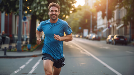 Young adult caucasian man jogging run on the street