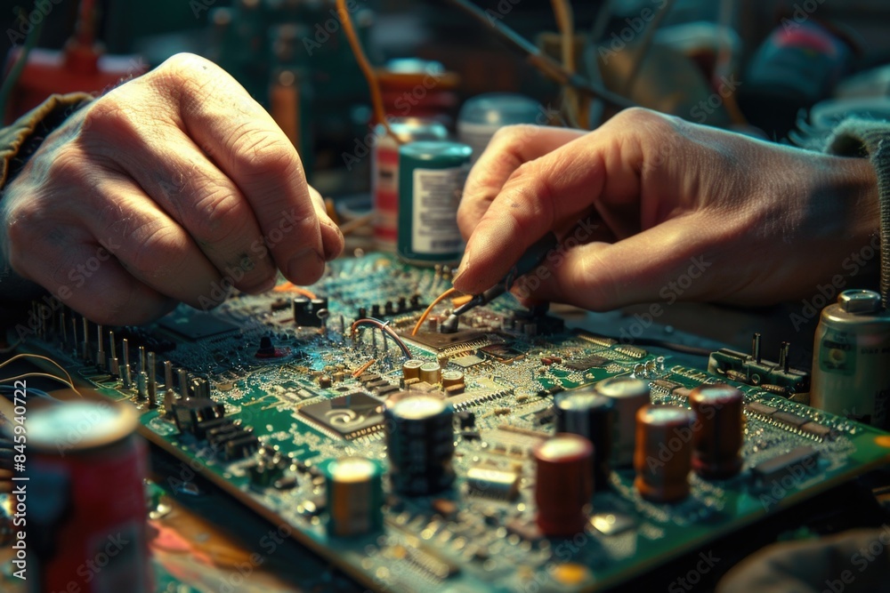 Poster Close-up view of a person working on a circuit board with various electronic components and tools