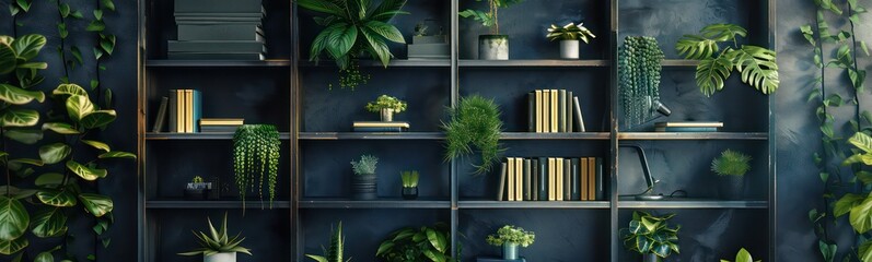 Wooden bookshelves with hardback overturned books in white interior, indoor flowers on the shelves, home library, biophilic design and plants