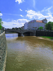 View of the city of Pilsen from the bridge over the river Mze