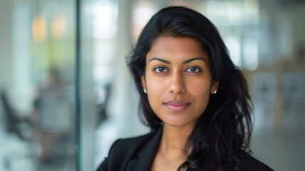 Close up of a confident female Indian-American lawyer looking at the camera with a modern office backdrop.