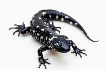 Fototapeta premium A close-up image of a small black and white spotted lizard sitting on a white surface
