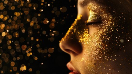 Close-up shot of a person with glitter applied to their facial area, suitable for use in party or celebration scenes