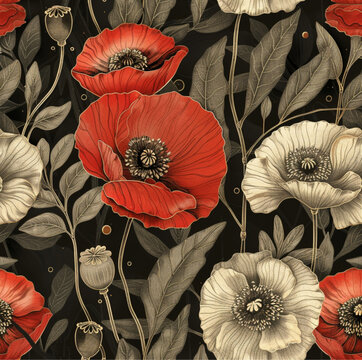 ilustrate flower buds and poppies, leafs in black and gold background