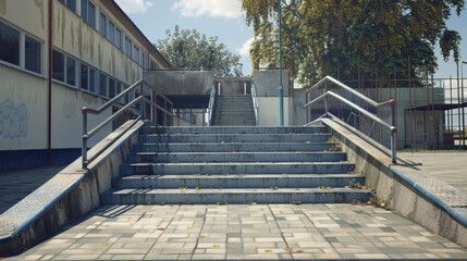 A set of stairs leading up to a building, perfect for use in architectural or interior design contexts