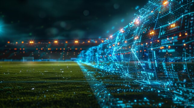 A close-up shot of a soccer field with holographic replays and analysis projected onto the playing surface, showcasing innovative technology in sports.