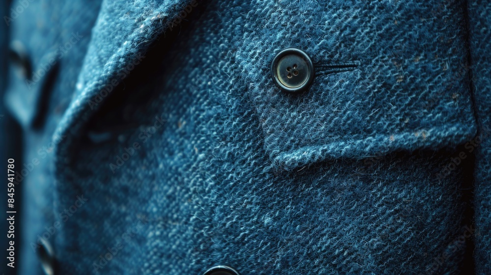 Poster close-up shot of a blue coat with shiny buttons