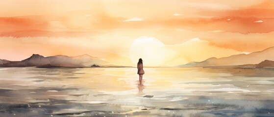 Fototapeta premium Peaceful Woman Enjoying Sunset at the Beach Generative AI