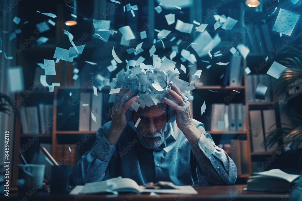 Poster A busy office scene with papers and documents scattered around a man sitting at his desk