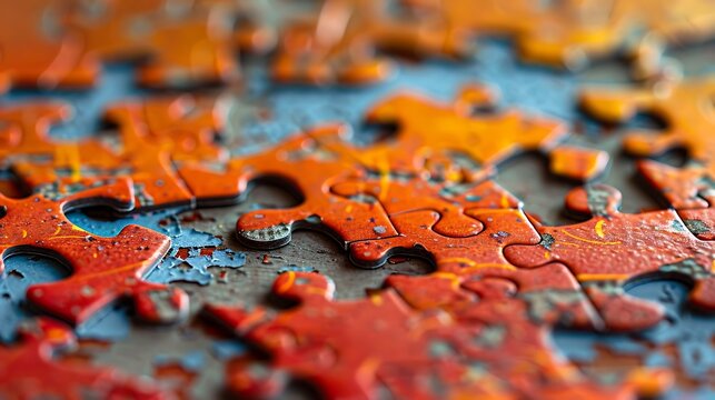 Close up of the pieces of a puzzlen orange background