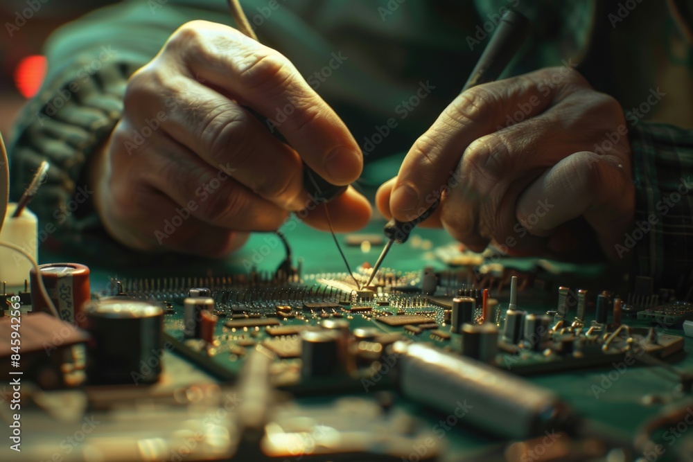 Fototapete a person works on a circuit board, assembling and testing electronic components