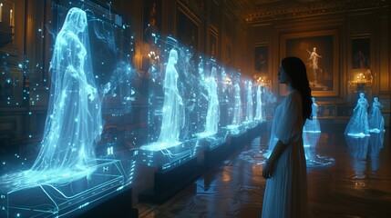 A woman stands in a grand, ornate room surrounded by holographic projections of historical figures, creating a unique and immersive history lesson.