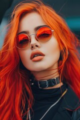 A portrait of a young woman with bright red hair and sunglasses, smiling directly at the camera