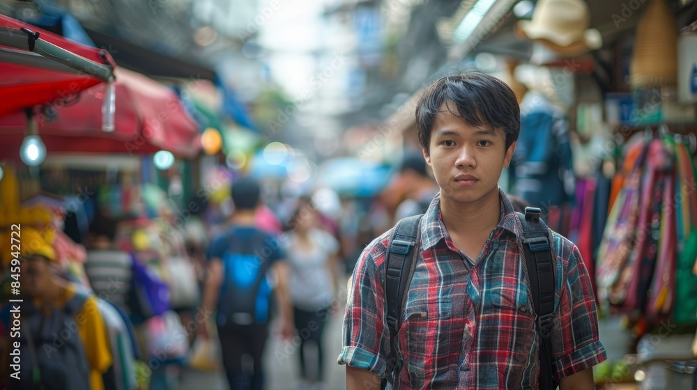 Wall mural A young Asian traveler walks in an outdoor market in Bangkok, Thailand