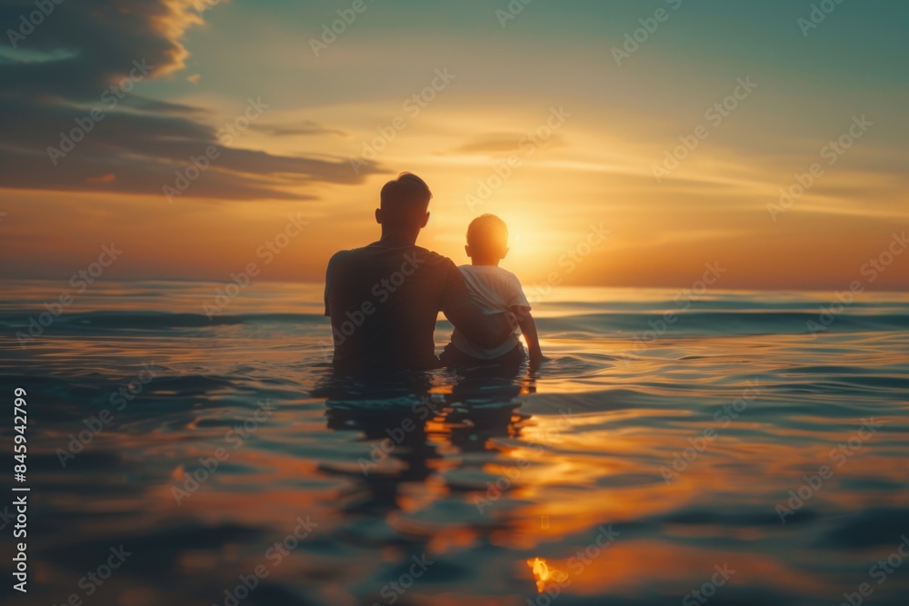 Poster a father and son enjoying quality time together while floating on the water
