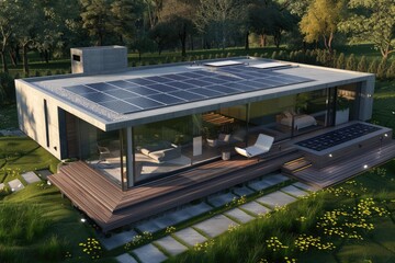 A residential house with a solar panel installed on its rooftop for renewable energy generation
