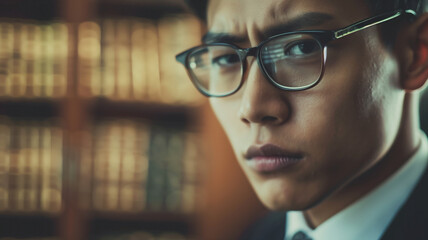 Close up of a confident young Asian lawyer wearing glasses looking at the camera with a modern office backdrop.
