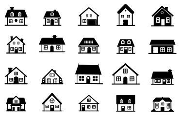 Fototapeta premium House icon set. Monochrome home icons. Black and white. Simple geometric shape. Real estate. Flat style houses symbols for apps and websites Isolated on white background