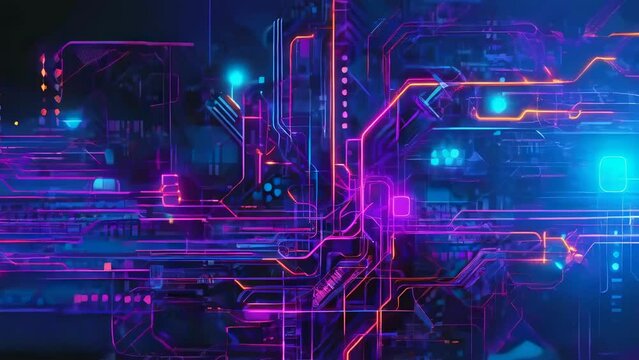 An abstract image of digital circuitry featuring neon lights against a dark background. The design includes bright blue, orange, and pink elements. The mood is modern and futuristic.
