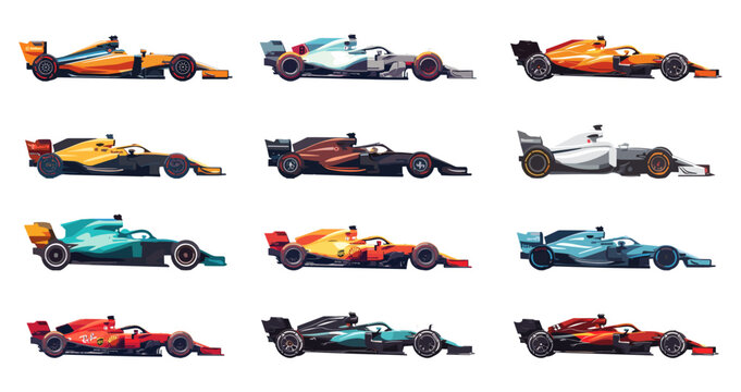 Racing cars set. Side view. Formula 1 championship. Modern vehicle elements. Speed sport cars. Models of auto for competition. Vector clipart