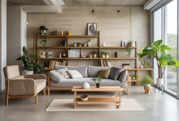 Scandinavian Living Room with Shelving and Natural Light