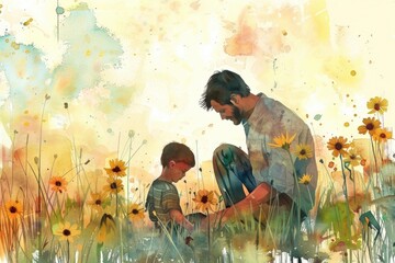 A boy and his father playing together in a colorful meadow, suitable for family or father-child bonding concepts