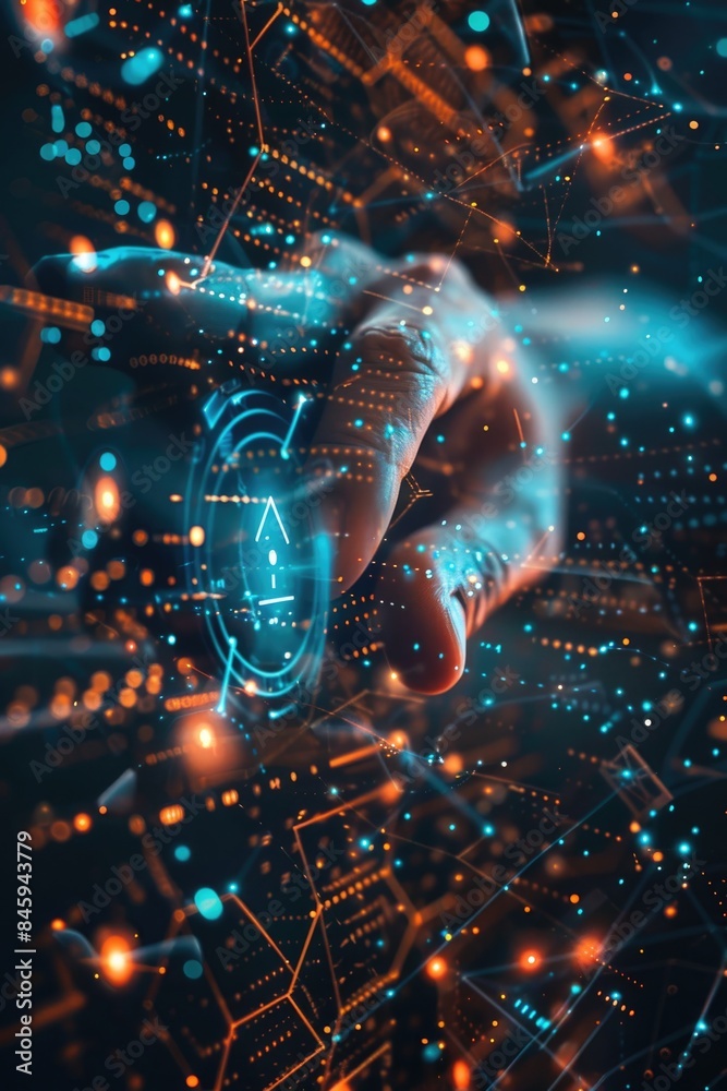 Poster a person's hand interacting with a digital interface, with glowing dots in the background