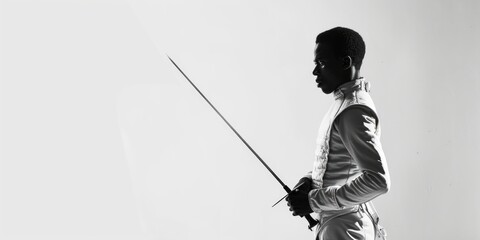 A person dressed in fencing attire holds a sword, ready for competition or practice