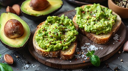 Close up shot of mashed avocado spread on toasted bread with a sprinkle of salt and pepper