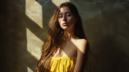 Fototapeta premium A woman poses for a photo wearing a bright yellow dress