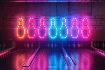 Neon-lit bowling alley with standing pins at night, great for nighttime scenes or sports events