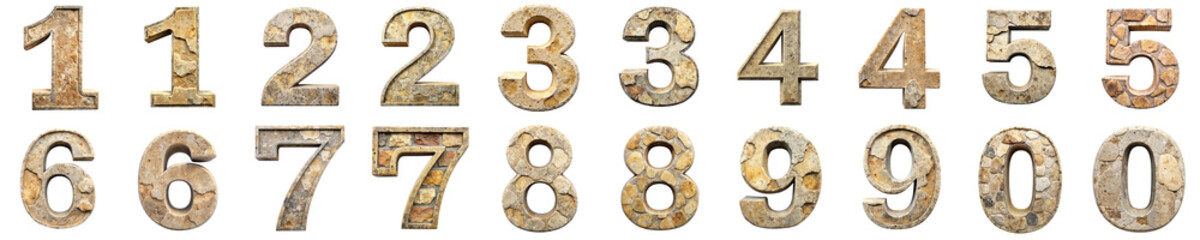 Vintage stone numbers isolated transparent background PNG file