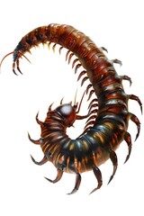 A close-up of a large centipede slowly moving across a white background, ideal for use in medical or scientific illustrations