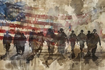 Soldiers in camouflage wear face masks and holding american flags, veteran community
