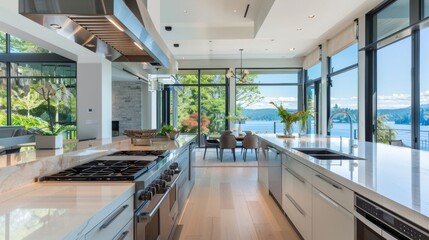 Luxury Kitchen with Panoramic sea view with large windows. Modern Design, Open Concept, and High-End Appliances. Real Estate and Interior Design Inspiration