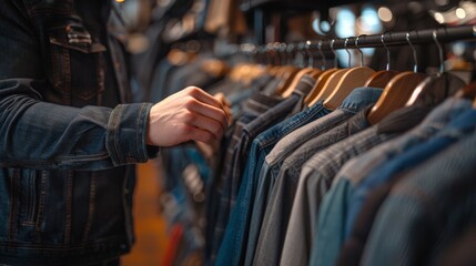 Obraz premium Defocussed man choosing shirt from the rail in the shop. 