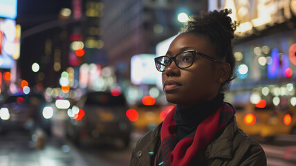 Gen-z African American woman with glasses looking across the street while waiting for a ride on a New York City street at night.
