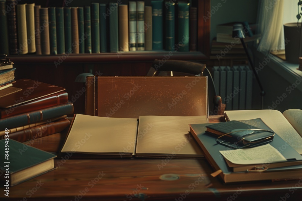 Poster a wooden desk covered in various books and possibly used for reading or studying