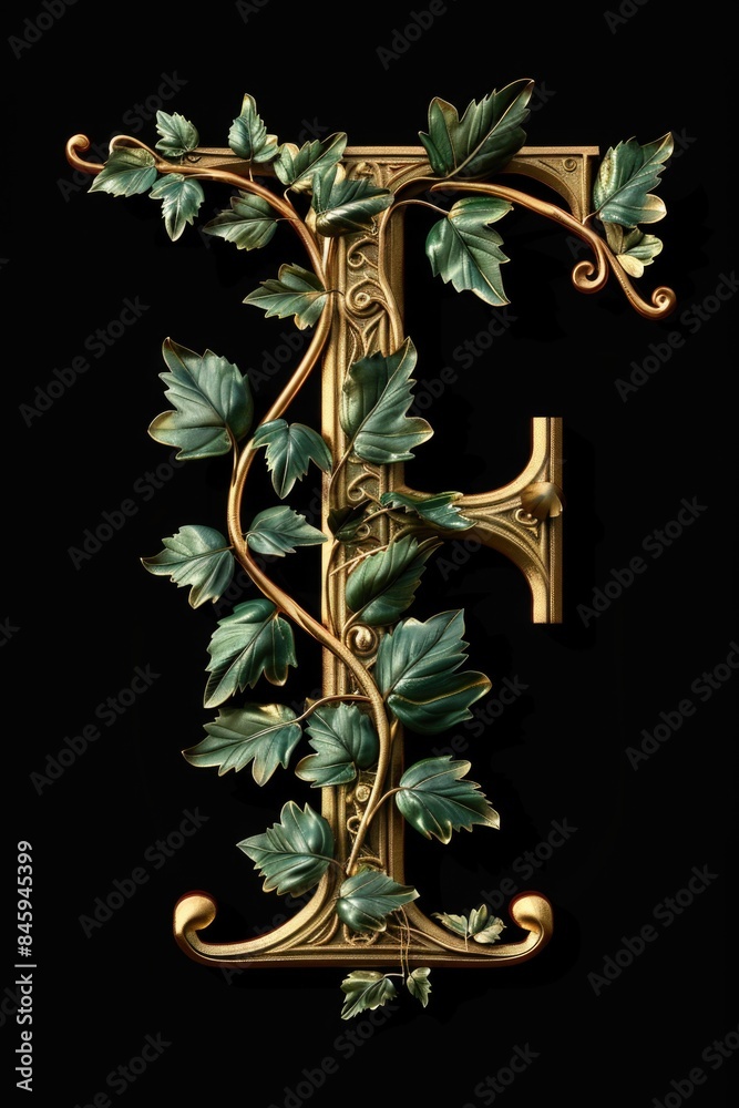 Poster a decorative letter with intricate design of leaves and vines on a black background