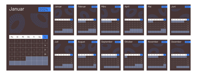 2024 calendar vector design template, simple and clean design. Calendar in German. The week starts on Monday.