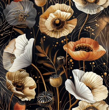 ilustrate flower buds and poppies, leafs in black and gold background
