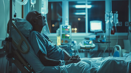 A man is lying in a hospital bed hooked up to machines. He is hooked up to a ventilator and has a mask on his face. The room is dark and quiet, giving off a somber and serious mood