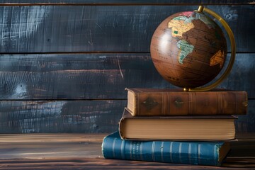 Vintage globe on a stack of old books against a wooden background. Education and travel concept for poster, banner, print