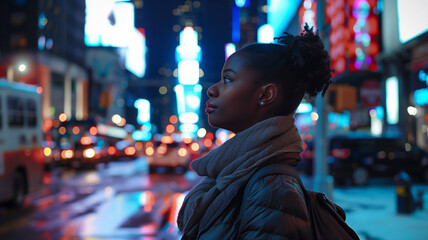 African American woman looking up while waiting for a ride on a New York City street at night.